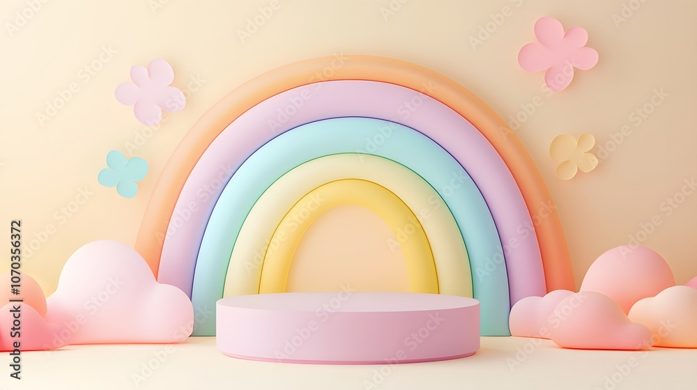 Pastel Rainbow Background with Clouds and Podium for Product Display Pastel Rainbow Background with Clouds and Podium for Product Display