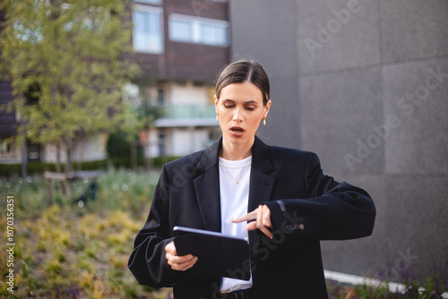 Serious, elegant businesswoman standing on the street hold tablet. Success coming with hard work. Young proud woman with low ponytail wear suit on a street watch at tablet. photo