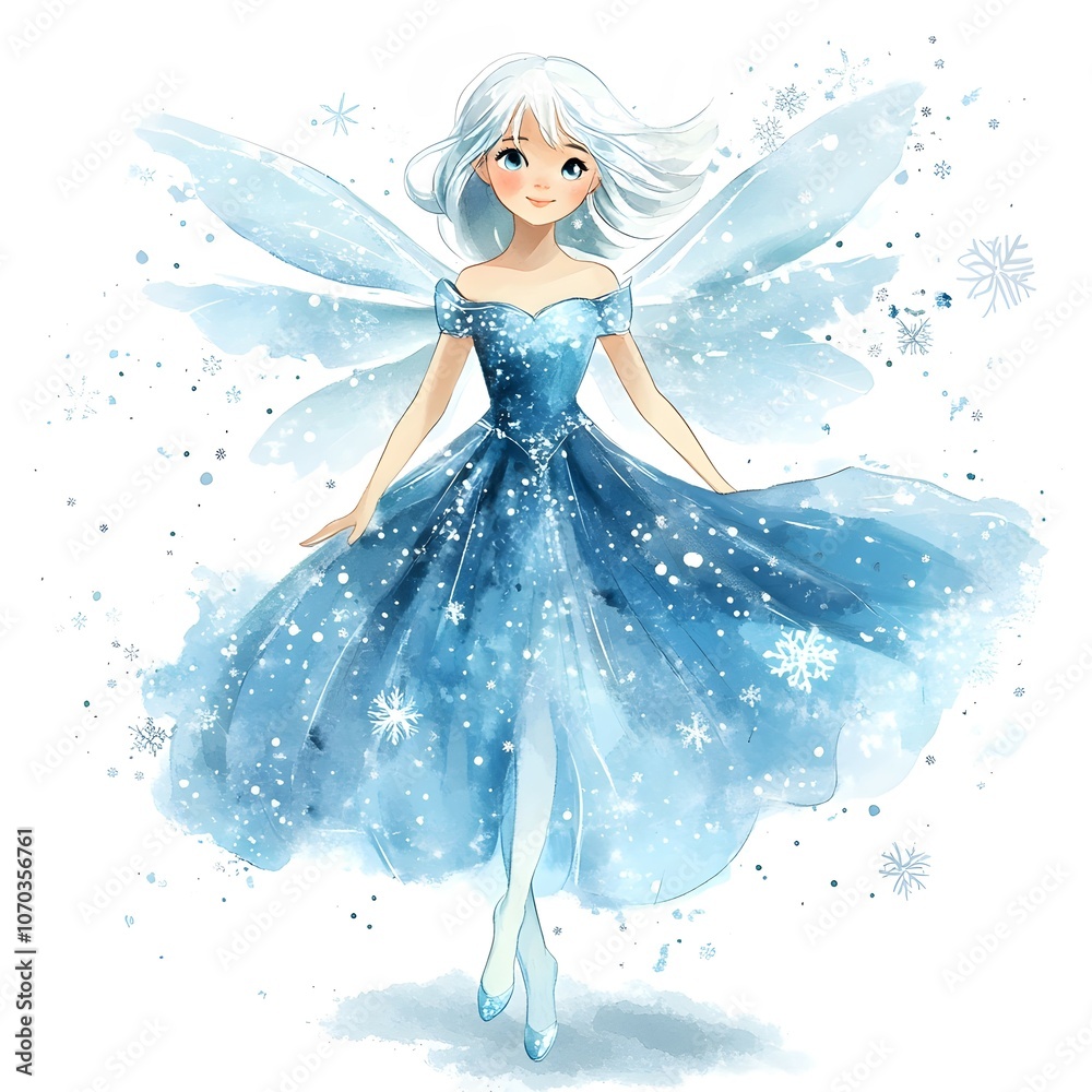 Watercolor Illustration of a Winter Fairy in a Blue Dress with Snowflake Pattern Watercolor Illustration of a Winter Fairy in a Blue Dress with Snowflake Pattern