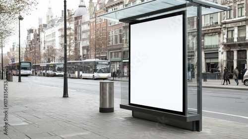 Bus stop advertising kiosk mockup, blank poster inside modern glass shelter, Urban marketing, outdoor promotion