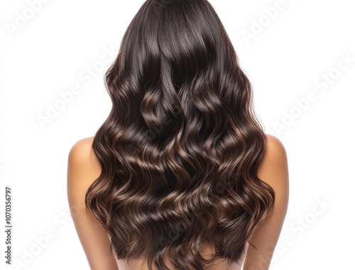 A beautiful woman with long, dark brown hair styled in sleek waves is featured against an isolated white background.