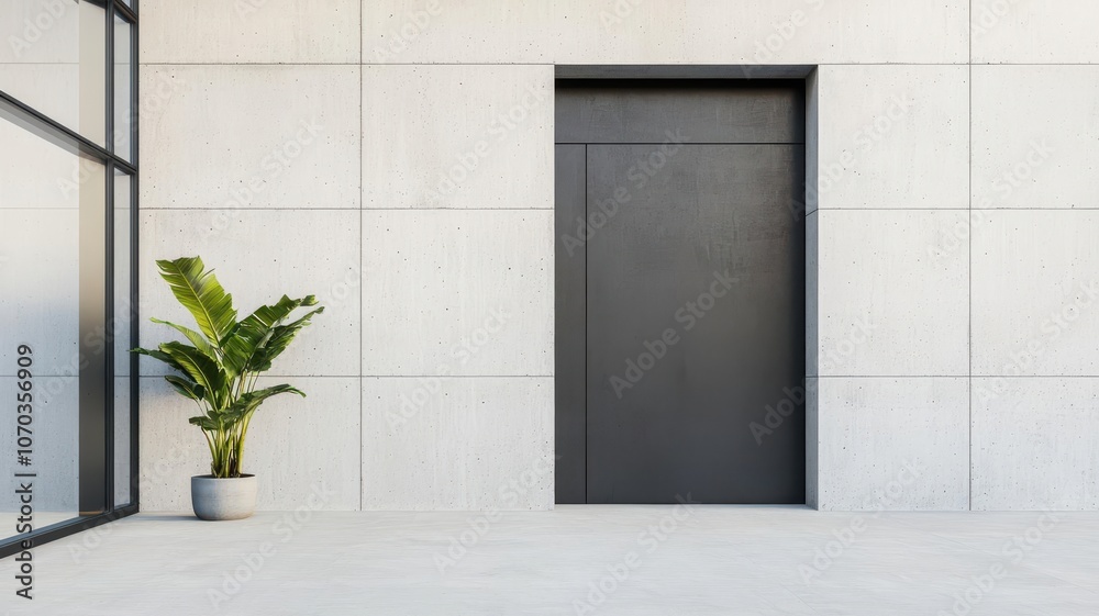 Fototapeta premium Business center entrance featuring a large, industrialstyle steel door and minimalist concrete walls entrance design, steel and concrete
