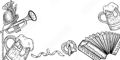 Oktoberfest banner black white vector isolated. Wooden beer mug, tankard beer, accordion and trumpet monochrome banner Beer fest. German hat, musical instruments hand drawn by ink on border.