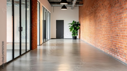 Business center hallway with exposed brick walls, metalframed glass doors, and concrete floors leading to office spaces   hallway decor, industrial style photo