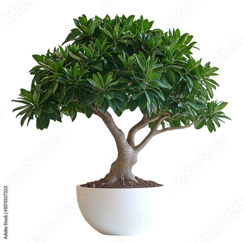 Serene Bonsai: A miniature masterpiece of nature, a bonsai tree in a white pot, showcasing intricate branches and lush foliage, embodying tranquility and resilience. photo