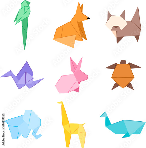 origami animals set cartoon. rabbit elephant, swan butterfly, dog fish origami animals sign. isolated symbol vector illustration