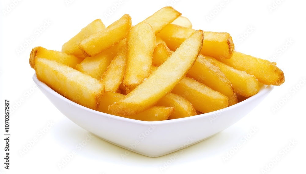 Crispy Golden French Fries Overflowing in Stylish White Bowl, Isolated on White Background. Crispy Golden French Fries Overflowing in Stylish White Bowl, Isolated on White Background.