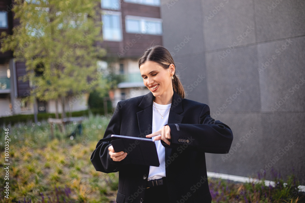 Making new connections at a tap of a finger. Shot of happy businesswoman using a digital tablet standing near office work place outdoor. Girl with ponytail wear blazer smiling when use her laptop. Making new connections at a tap of a finger. Shot of happy businesswoman using a digital tablet standing near office work place outdoor. Girl with ponytail wear blazer smiling when use her laptop.