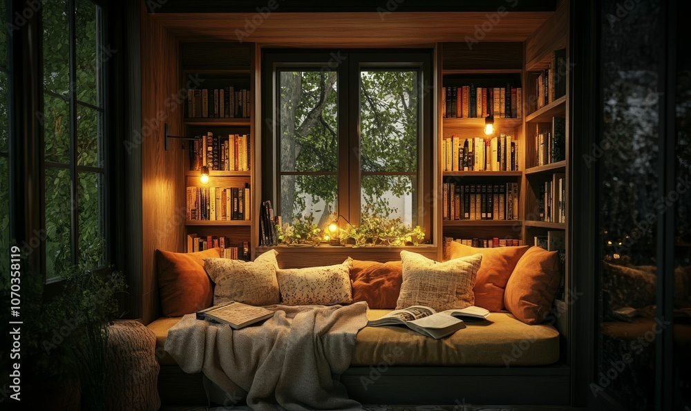 Fototapeta premium Cozy reading nook with bookshelves and window.