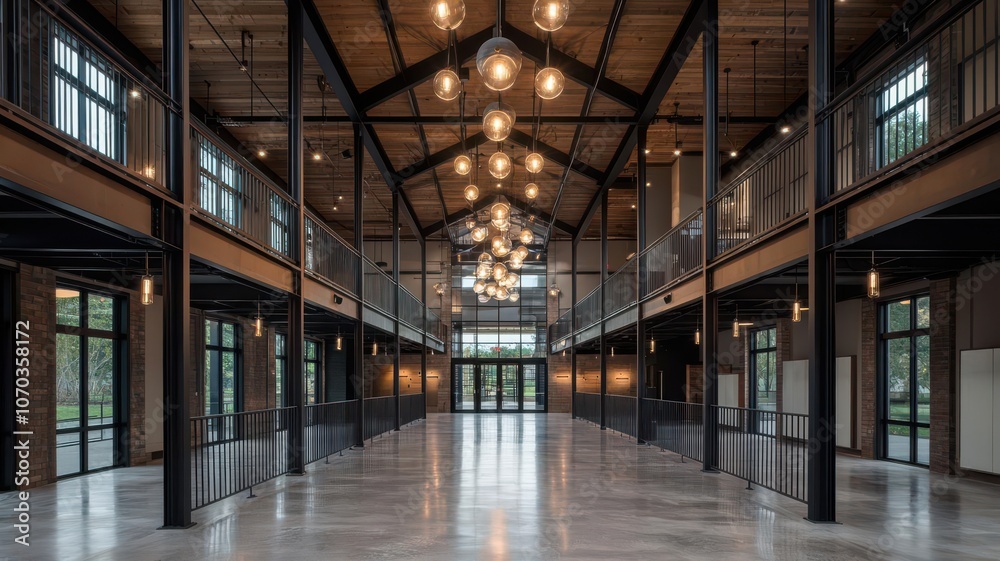Business center with a large open atrium featuring metal railings, exposed steel beams, and industrial chandeliers atrium design, industrial lighting Business center with a large open atrium featuring metal railings, exposed steel beams, and industrial chandeliers atrium design, industrial lighting