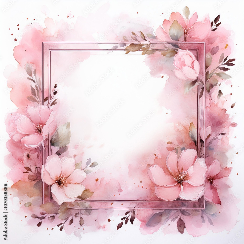 Obraz premium Square watercolor frame in light pink pastels, subtle paint splatters. Beautiful hand drawn art.