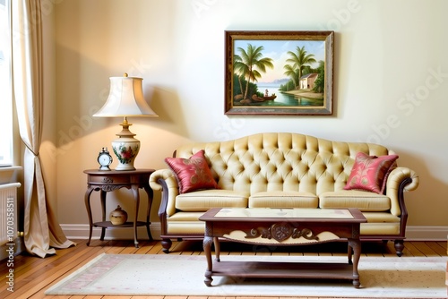 Antique living room interior design with a sofa, table, lamp, and antique decor.