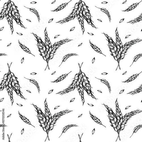 Bunch of wheat ears on stem black white graphic vector seamless pattern isolated. Repeated botanical texture of spikelet rye, barley monochrome hand drawn by ink for design bakery, natural product.