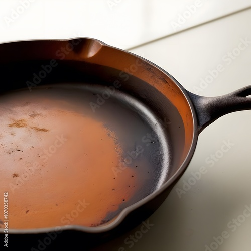 Classic Cast Iron Skillet: A close-up of a vintage cast iron skillet, showing its weathered surface and rustic finish. 