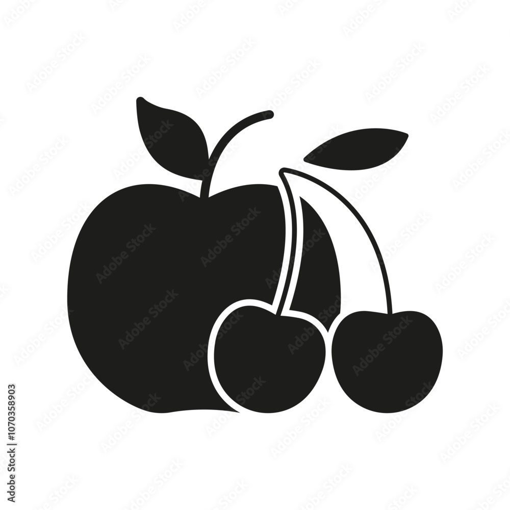 Fresh Produce With Apple And Cherry Silhouette Icon. Healthy Fruits And Nutrition, Organic Eating. Isolated Vector Illustration Fresh Produce With Apple And Cherry Silhouette Icon. Healthy Fruits And Nutrition, Organic Eating. Isolated Vector Illustration