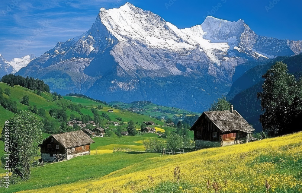 A picturesque landscape of the Alps, with lush green meadows and snow-capped mountains in the background A picturesque landscape of the Alps, with lush green meadows and snow-capped mountains in the background