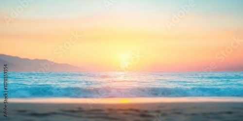 A serene beach sunset with soft colors blending into the horizon, reflecting on tranquil waves, evoking feelings of peace and beauty.