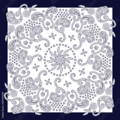 Blue and white scarf or bandana design with paisley mandala pattern and floral elements. Ethnic monochrome carpet design.