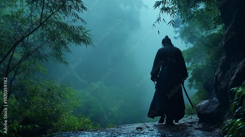 Chinese chivalrous kung-fu master walking in the forest Chinese chivalrous kung-fu master walking in the forest