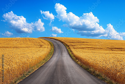 Curving road through golden wheat fields under a blue sky