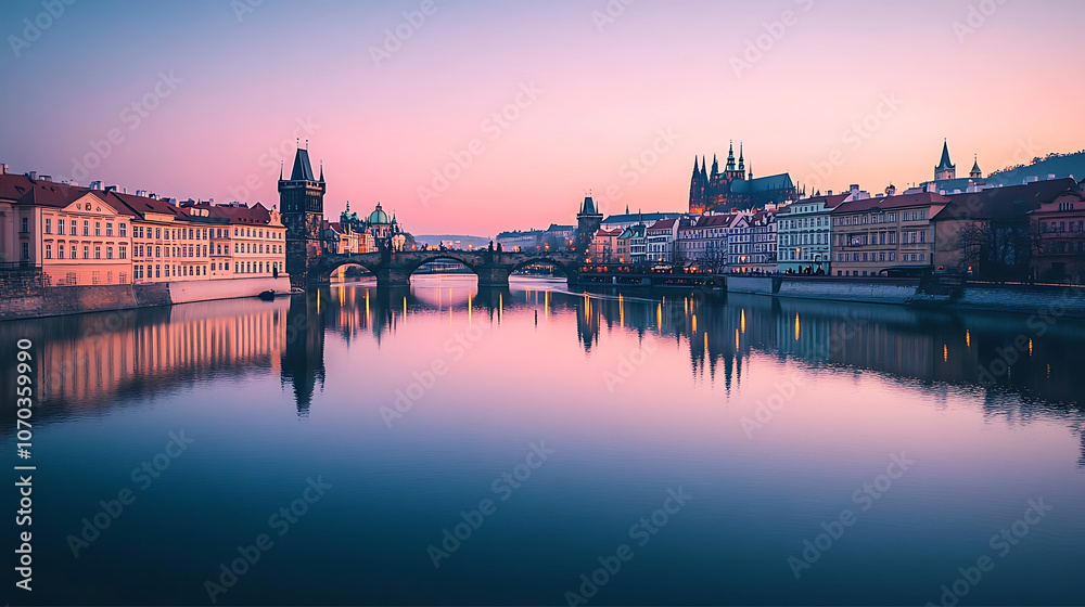 A serene, pastel-toned cityscape at dusk, with historical architecture casting gentle reflections over a calm river, capturing a timeless ambiance A serene, pastel-toned cityscape at dusk, with historical architecture casting gentle reflections over a calm river, capturing a timeless ambiance