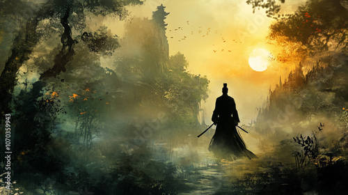 Chinese chivalrous kung-fu master walking in the forest