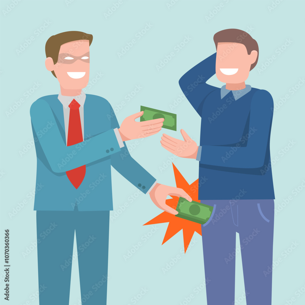 A businessman thief stole money from people. Illustration, Vector, Poster, Background or wallpaper. A businessman thief stole money from people. Illustration, Vector, Poster, Background or wallpaper.