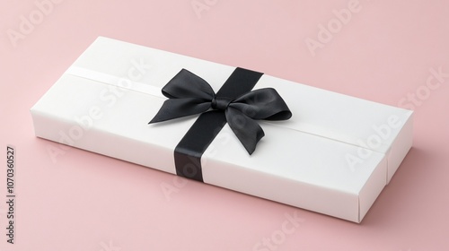 Elegant white box with a slim black bow on a soft pink background, minimalist contrast photo