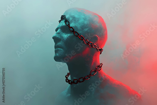 Illustration of hurtful words as chains around a person's neck, concept of restriction. photo