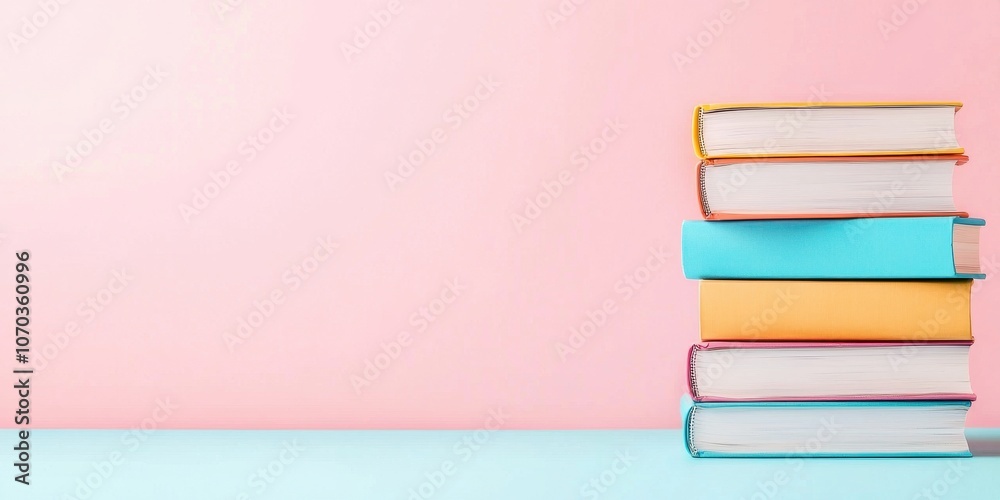 A colorful stack of books against a pink background, showcasing a playful and inviting reading atmosphere. A colorful stack of books against a pink background, showcasing a playful and inviting reading atmosphere.