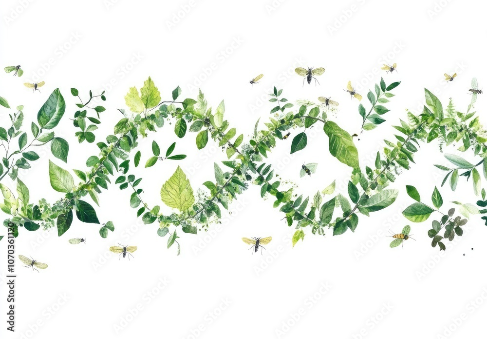 An illustration of the DNA double helix made from various plant leaves and flowers, surrounded by small images representing different kinds of nature such as insects or birds on a white background An illustration of the DNA double helix made from various plant leaves and flowers, surrounded by small images representing different kinds of nature such as insects or birds on a white background