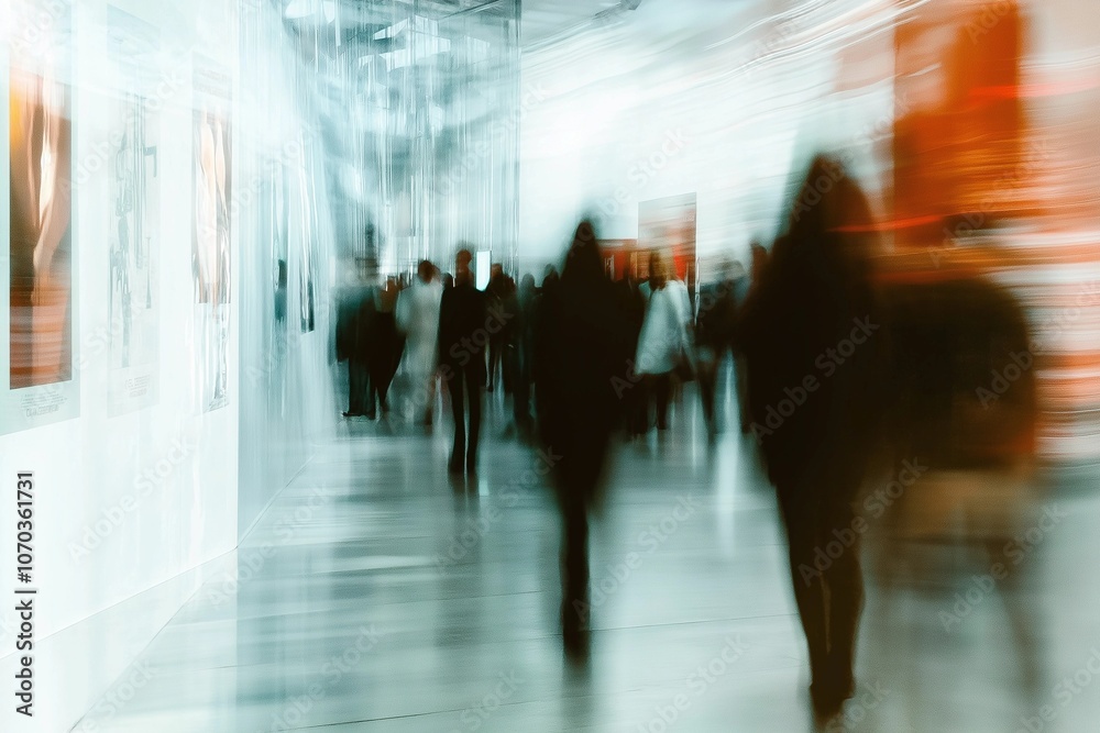 A blurred photo of an international business exhibition, with many elegantly dressed people walking around the floor and holding brochures or looking at posters on display tables A blurred photo of an international business exhibition, with many elegantly dressed people walking around the floor and holding brochures or looking at posters on display tables