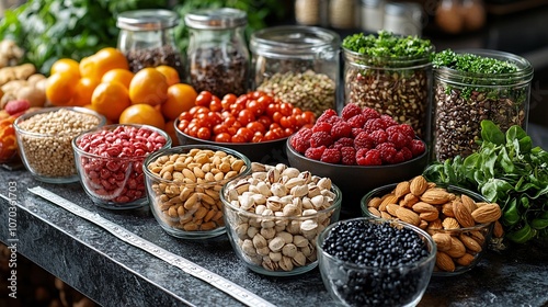 Nutritious Table Setting with Fruits, Vegetables, Nuts, and Water for Balanced Diet and Healthy Lifestyle