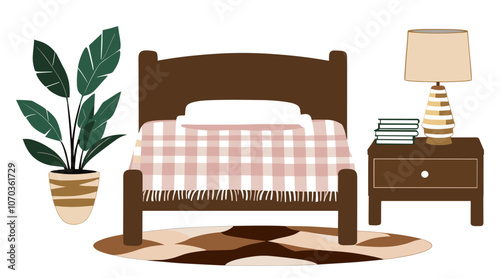 A set of bedroom furniture. Bed with pillows, table lamp, nightstand, house plant, books, carpet. Vector illustration isolated on transparent background.	