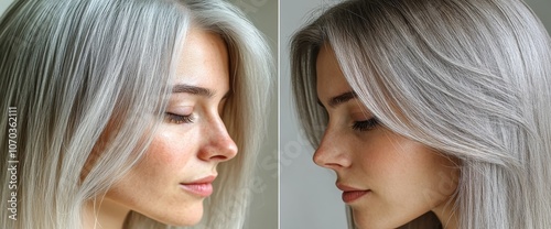 An in-depth view of thinning hair, showing the contrast between colors and textures as it transforms into fuller volume photo