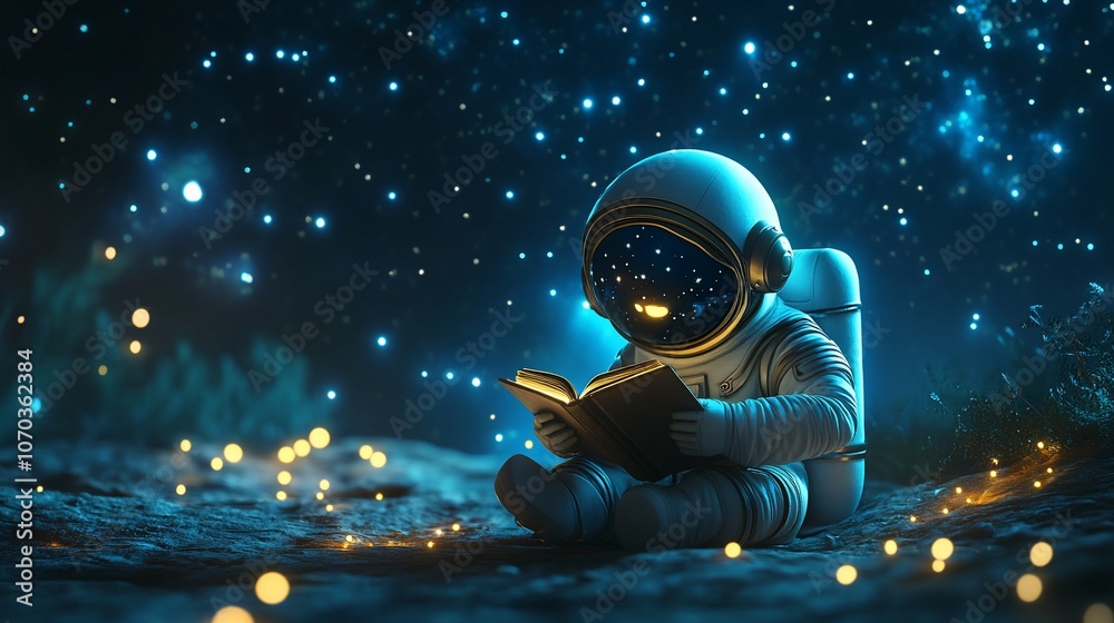 Astronaut reading a book under a starry sky. Astronaut reading a book under a starry sky.