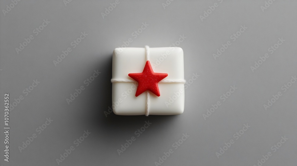 Fototapeta premium Small white present with a subtle red star emblem on a gray background, understated festivity