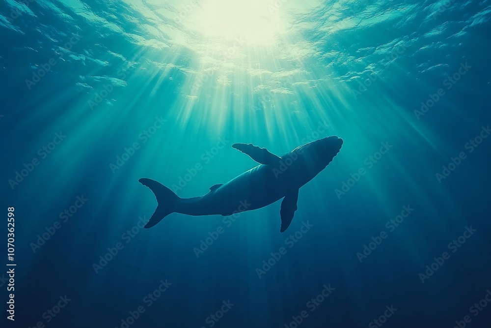 Fototapeta premium A graceful shark gliding through clear ocean waters beneath shimmering sunlight rays in a tranquil underwater setting