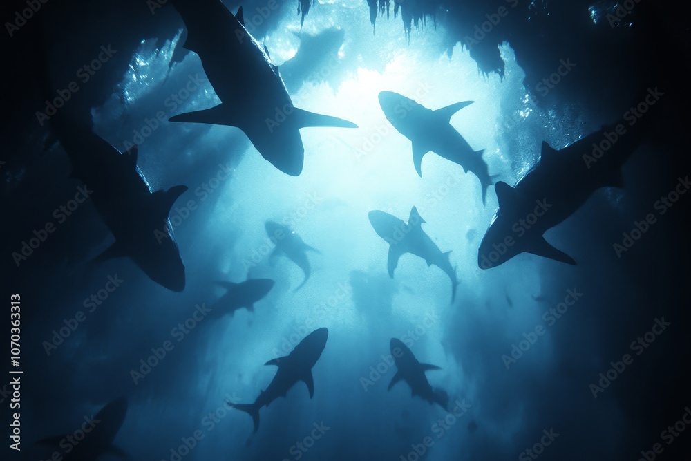 Sharks swimming gracefully in the blue depths of a cave, illuminated by natural light during daytime exploration Sharks swimming gracefully in the blue depths of a cave, illuminated by natural light during daytime exploration