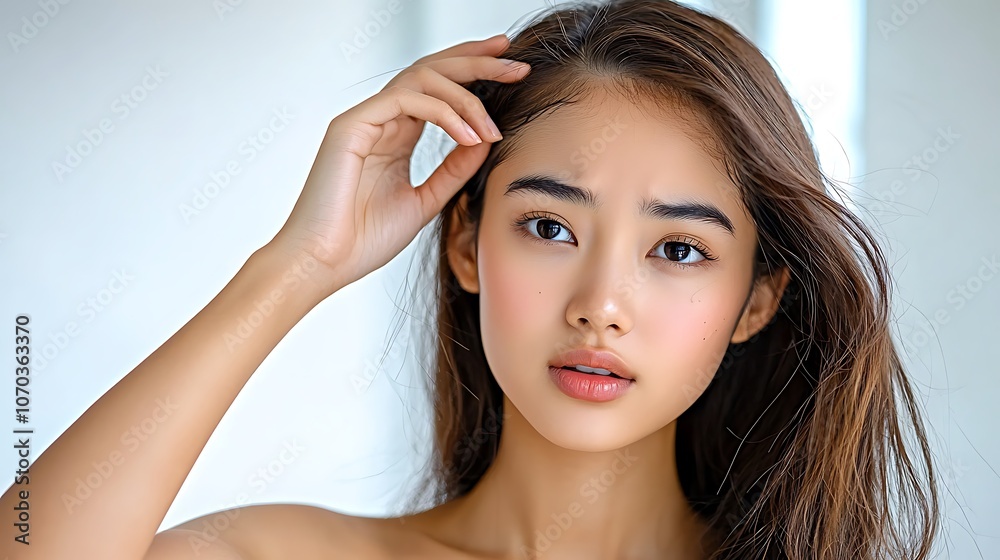 The Asian woman, with a look of concern on her face, runs her fingers through her hair and examines her scalp closely in the mirror The Asian woman, with a look of concern on her face, runs her fingers through her hair and examines her scalp closely in the mirror