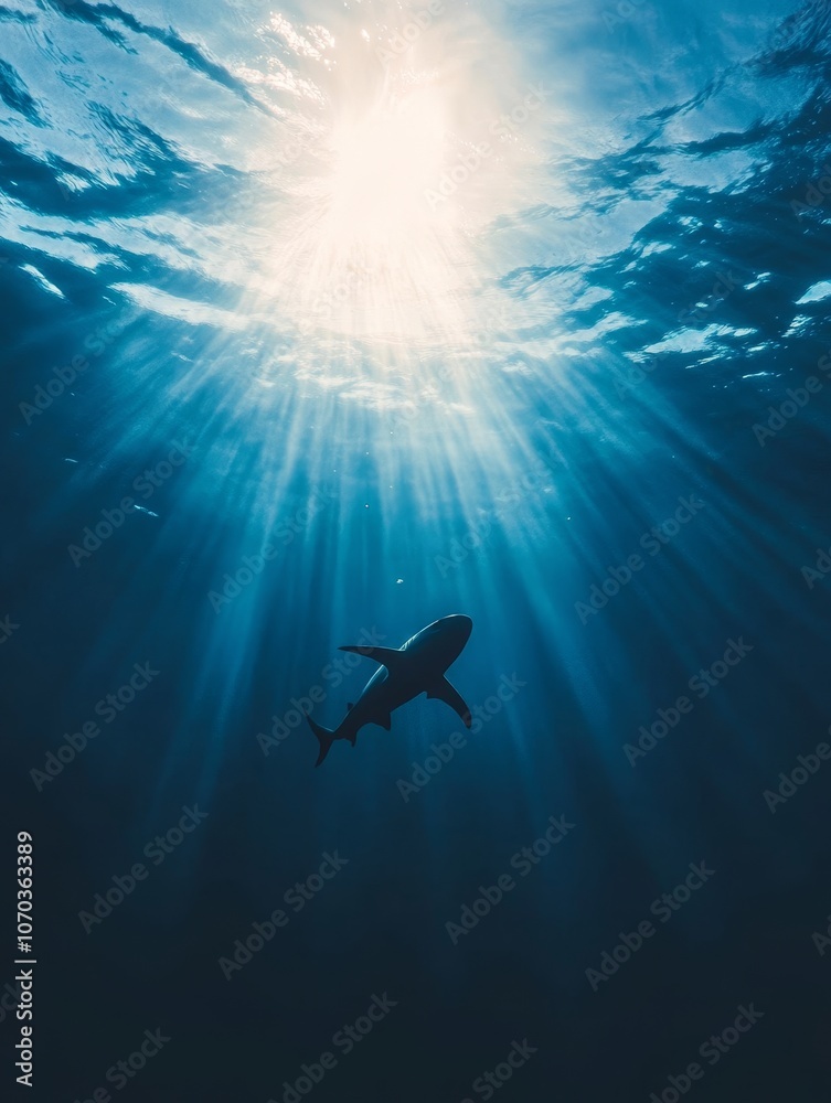 A solitary shark glides beneath sunlit waves in a tranquil ocean setting during midday A solitary shark glides beneath sunlit waves in a tranquil ocean setting during midday