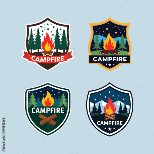 A vintage illustration of the Camping badges and emblems Logo with forest trees and campfire