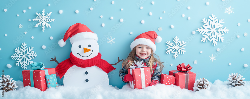 Abstract background with happy child with Christmas gifts near a snowman cutting from paper. Abstract background with happy child with Christmas gifts near a snowman cutting from paper.