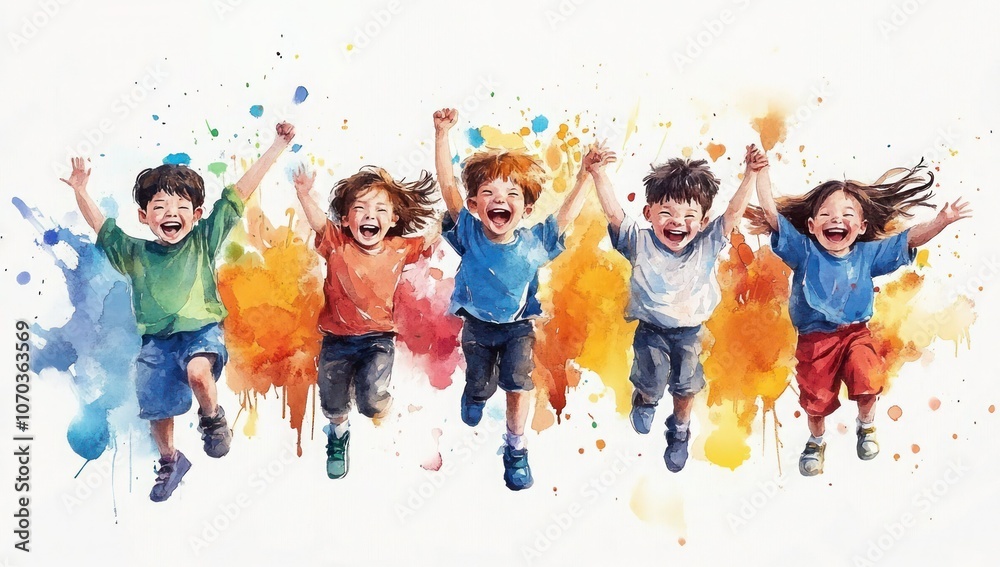 Naklejka premium Joyful Children Jumping and Smiling in Colorful Watercolor Style Against White Background