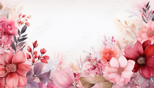 Watercolor painting of beautiful pink and red flowers. Floral composition. Hand drawn art.