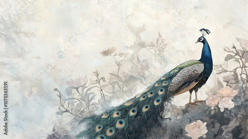 A peacock standing on a branch of a beautiful tree.