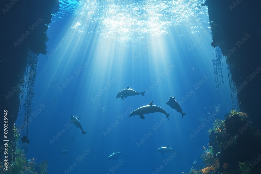 Fototapeta premium A group of dolphins swimming gracefully in the illuminated waters of a deep underwater cave during midday