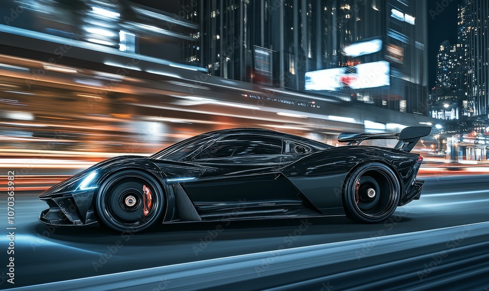 Black sports car speeding through city at night. Black sports car speeding through city at night.