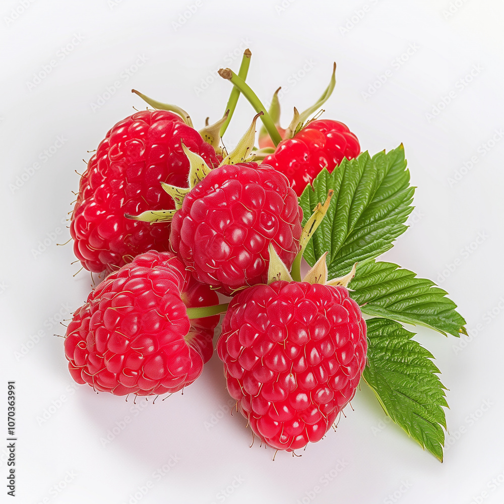 Ripe raspberry with leaves isolated on white background. Healthy food. Close-up1a Ripe raspberry with leaves isolated on white background. Healthy food. Close-up1a