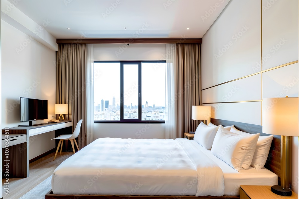 Fototapeta premium Affordable hotel room interior design with a white clean double bed. Value or Cheap hotel room concept.